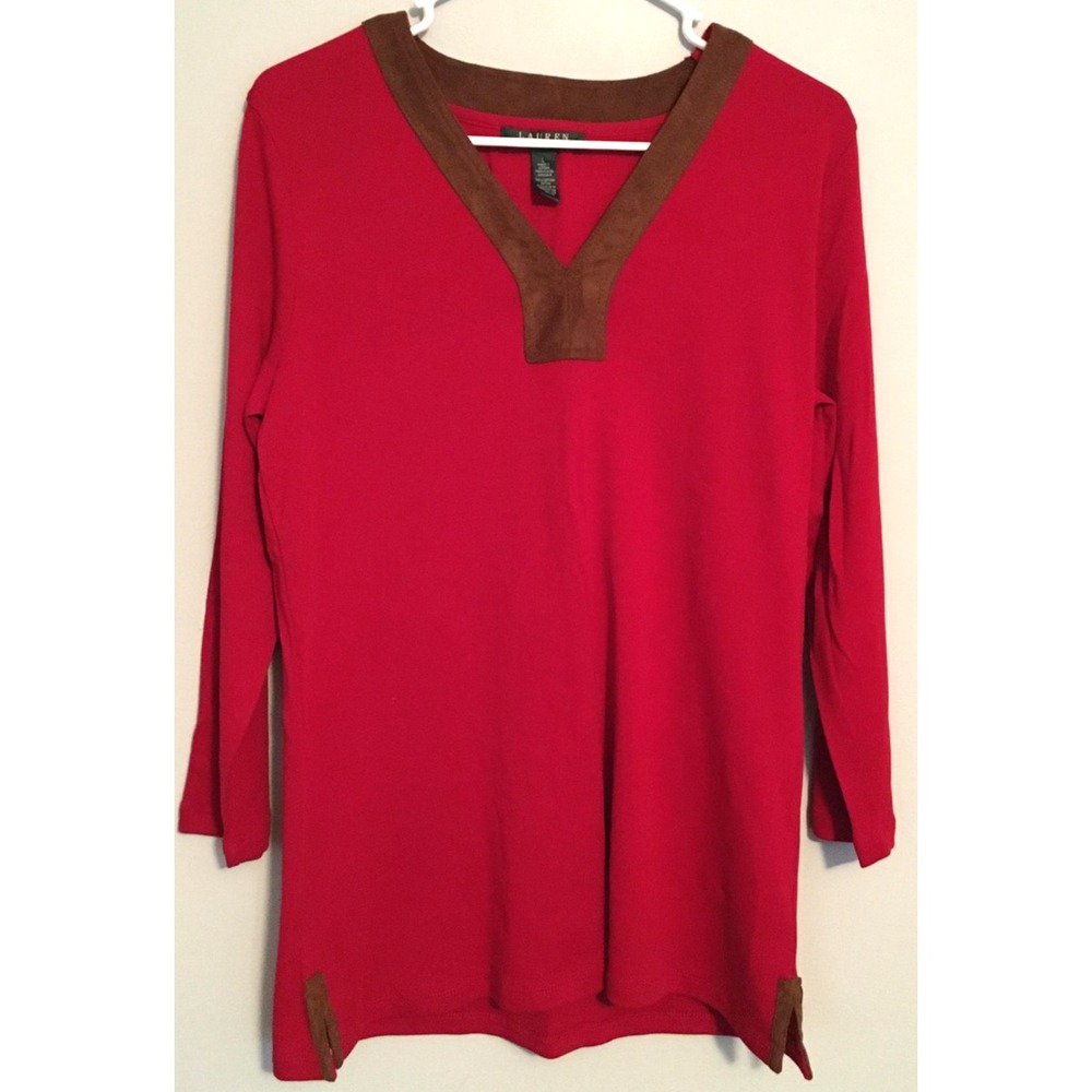Lauren Ralph Lauren Shirt Womens Large Red Brown V Neck Tunic 3/4 Sleeve EUC